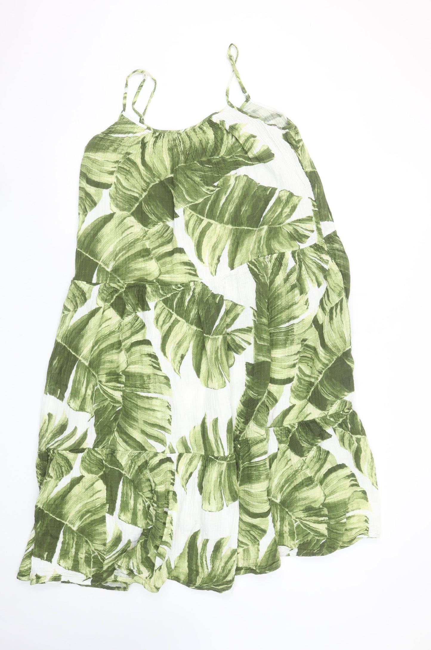 H&M Women’s Green Tropical Leaf Print Cotton Midi Slip Dress Size S