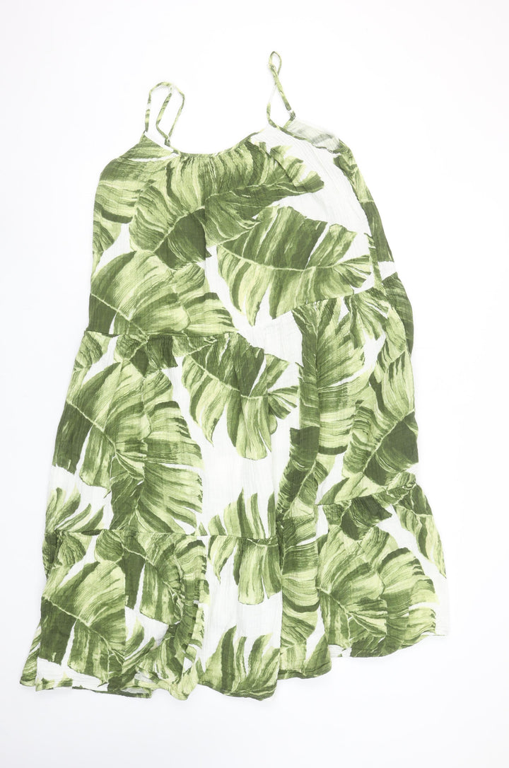 H&M Women’s Green Tropical Leaf Print Cotton Midi Slip Dress Size S