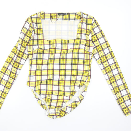 Boohoo Women's Yellow Check Long Sleeve Square Neck Bodysuit Size 14