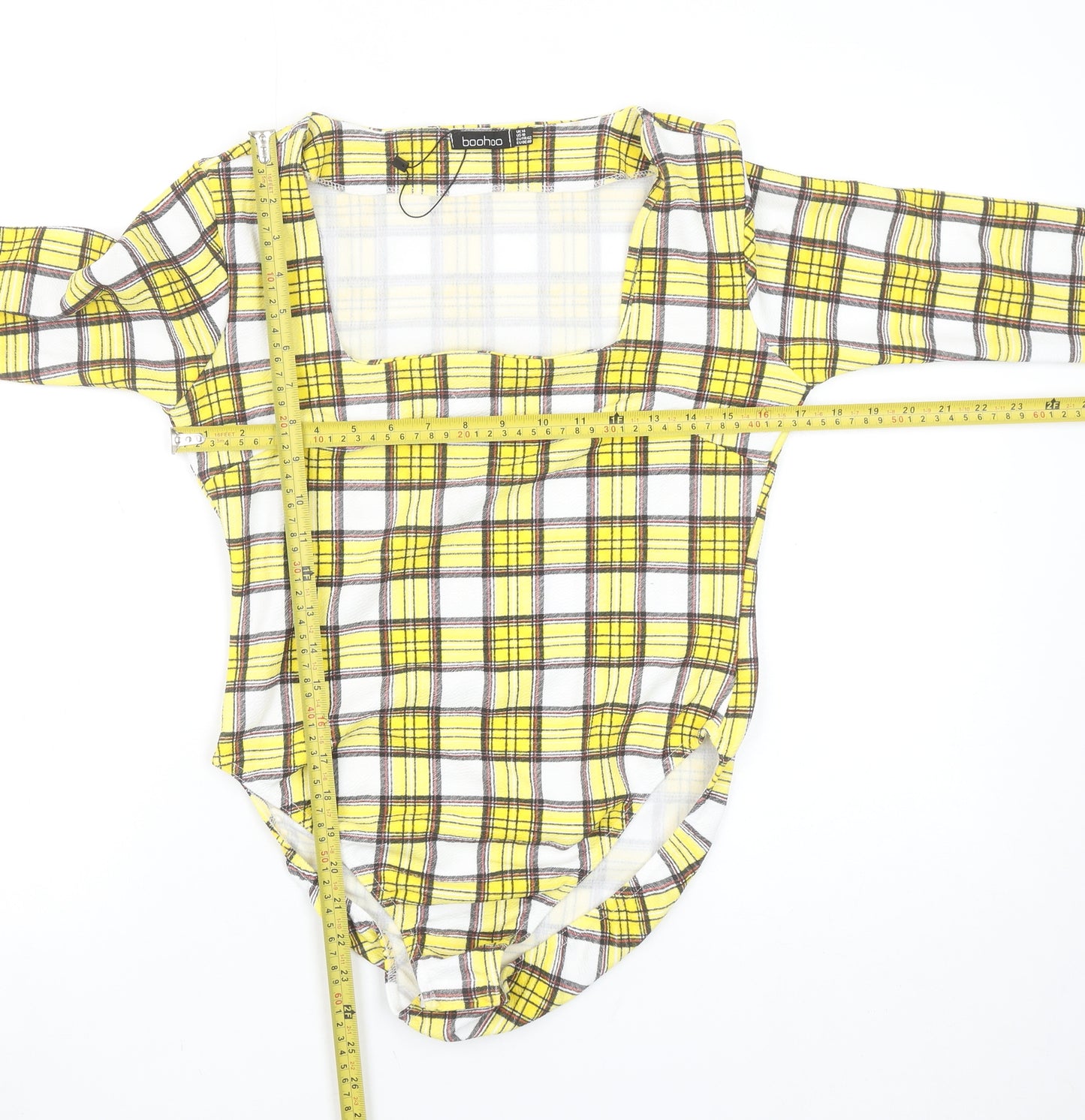 Boohoo Women's Yellow Check Long Sleeve Square Neck Bodysuit Size 14