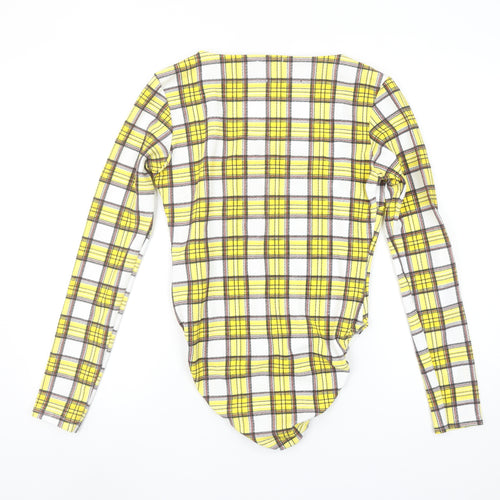Boohoo Women's Yellow Check Long Sleeve Square Neck Bodysuit Size 14