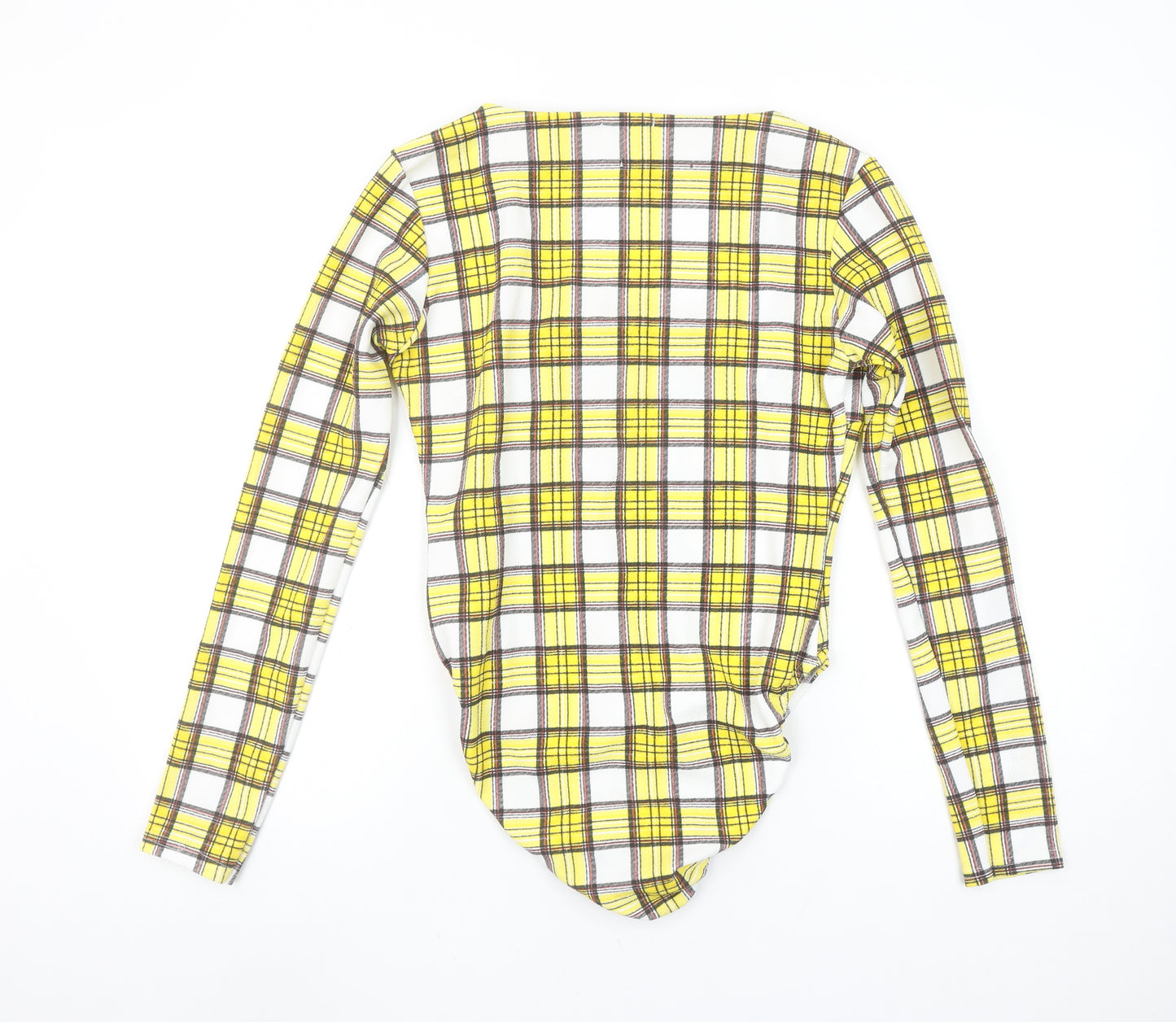Boohoo Women's Yellow Check Long Sleeve Square Neck Bodysuit Size 14