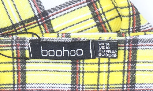 Boohoo Women's Yellow Check Long Sleeve Square Neck Bodysuit Size 14