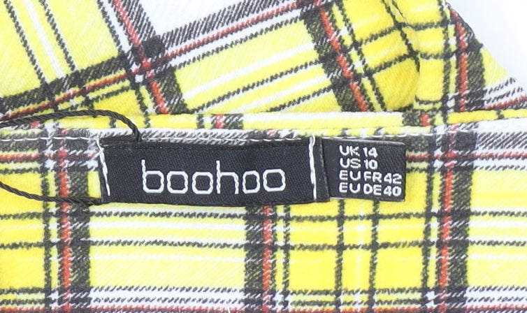 Boohoo Women's Yellow Check Long Sleeve Square Neck Bodysuit Size 14