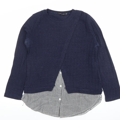 TOPSHOP Women Navy Blue Knit Jumper UK 12 Crew Neck Long Sleeve