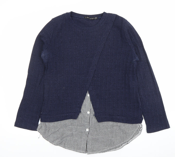 TOPSHOP Women Navy Blue Knit Jumper UK 12 Crew Neck Long Sleeve