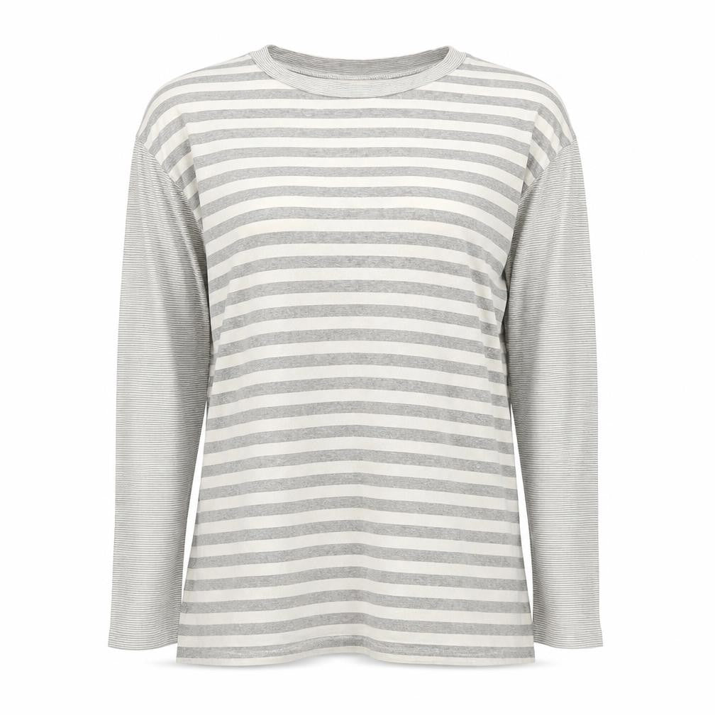 Front view of Basic Trip women’s grey striped long sleeve jersey t-shirt, size UK 2