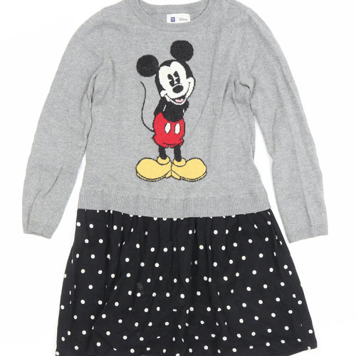 GAP Disney Girls Grey Mickey Mouse Jumper Dress 8-9 Years Knit Polka Dot