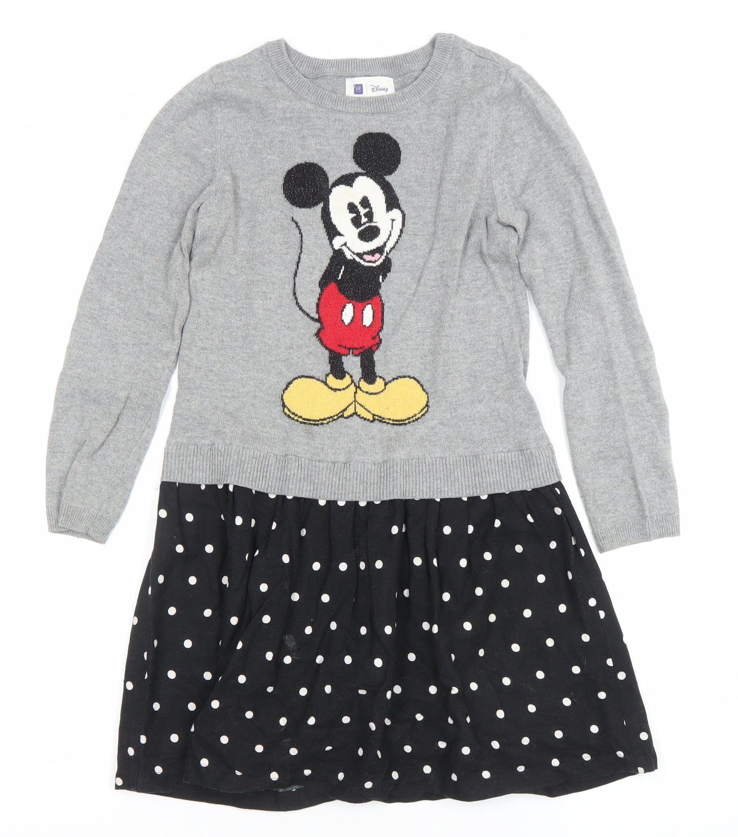 GAP Disney Girls Grey Mickey Mouse Jumper Dress 8-9 Years Knit Polka Dot