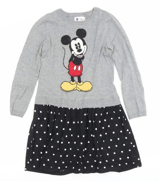 GAP Disney Girls Grey Mickey Mouse Jumper Dress 8-9 Years Knit Polka Dot