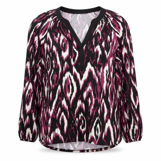 Front view of Roman Women Black Pink Ikat Print Long Sleeve Viscose Blouse, size 10