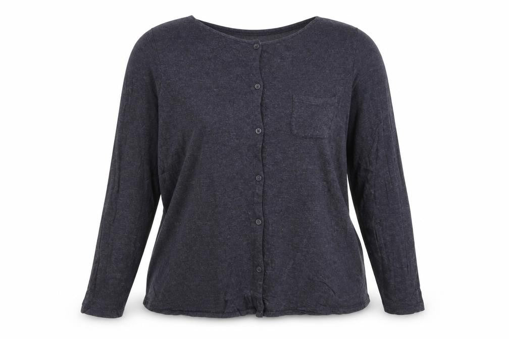 Front view of FatFace women’s grey long sleeve button-up jersey top, size UK 14