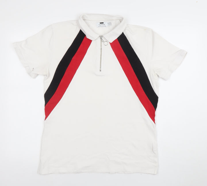 Topman Men’s White Retro Colourblock Zip Polo Shirt Size M