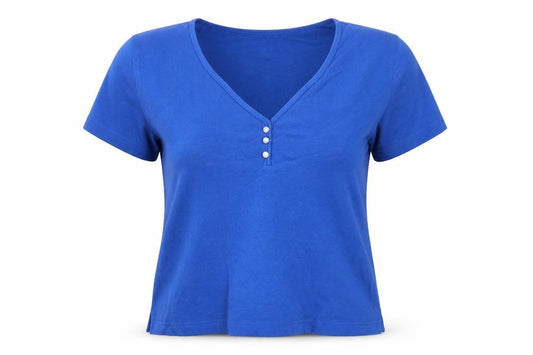 Front view of Paul Separates Women Blue V-Neck Short Sleeve Cotton T-Shirt M