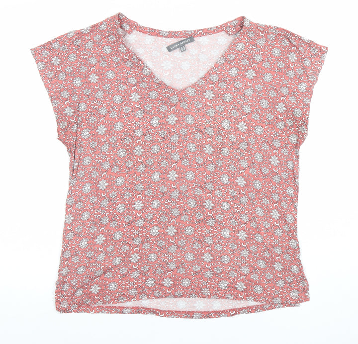 Laura Ashley Womens Pink Floral Viscose Jersey V-Neck T-Shirt Size 14