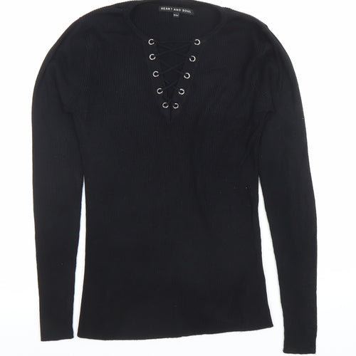 Heart and Soul Women’s Black V-Neck Lace-Up Ribbed Jumper Size 12