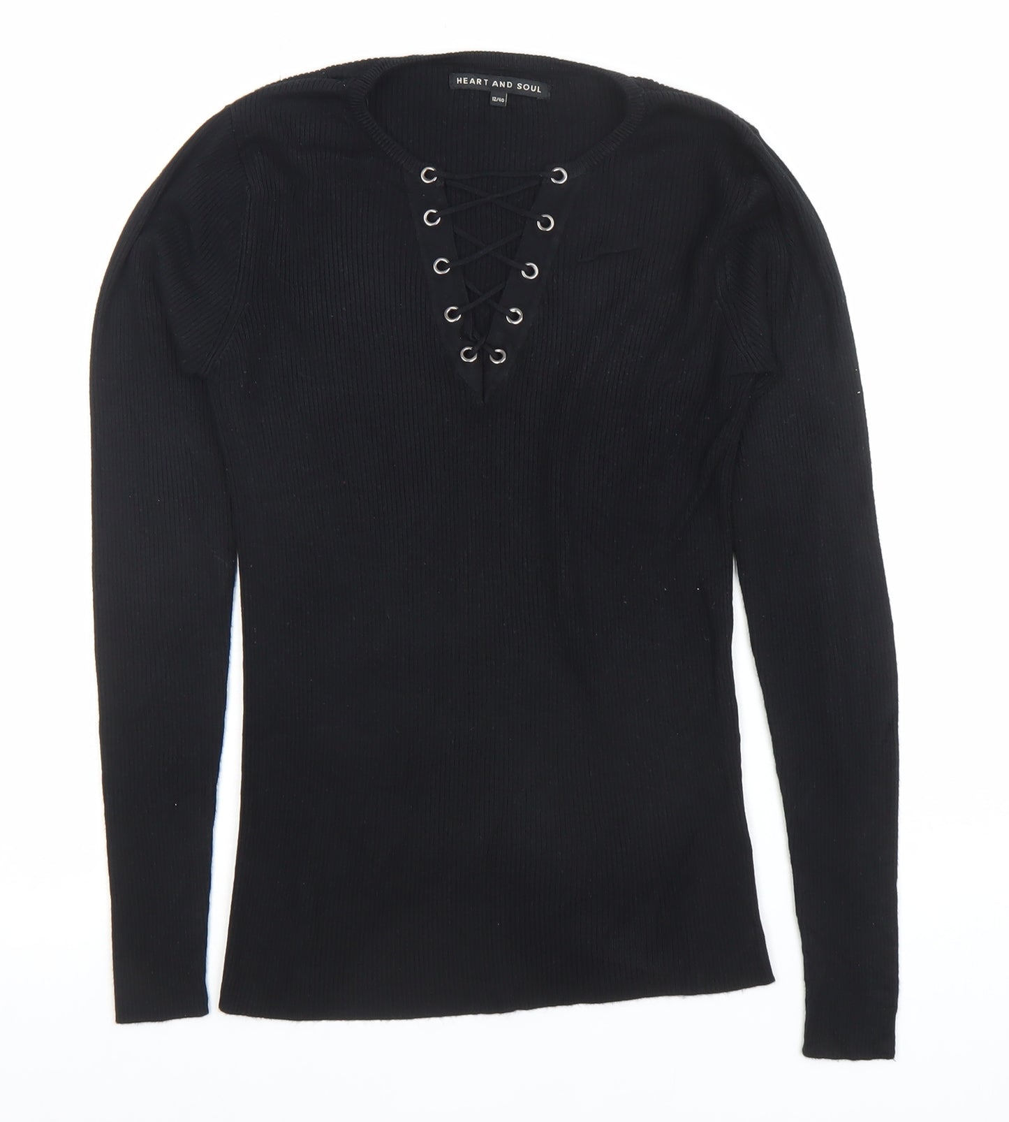Heart and Soul Women’s Black V-Neck Lace-Up Ribbed Jumper Size 12