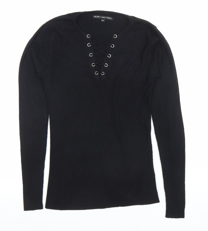Heart and Soul Women’s Black V-Neck Lace-Up Ribbed Jumper Size 12
