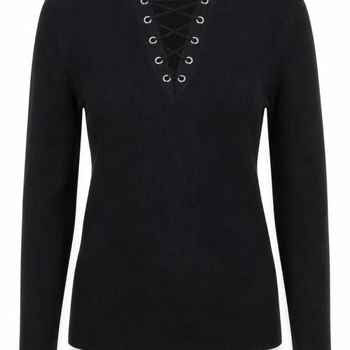 Heart and Soul Women’s Black V-Neck Lace-Up Ribbed Jumper Size 12