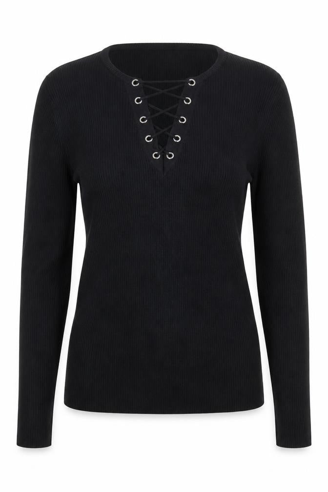 Heart and Soul Women’s Black V-Neck Lace-Up Ribbed Jumper Size 12