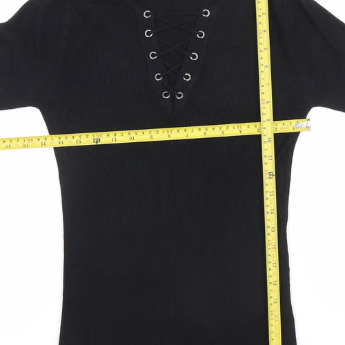 Heart and Soul Women’s Black V-Neck Lace-Up Ribbed Jumper Size 12