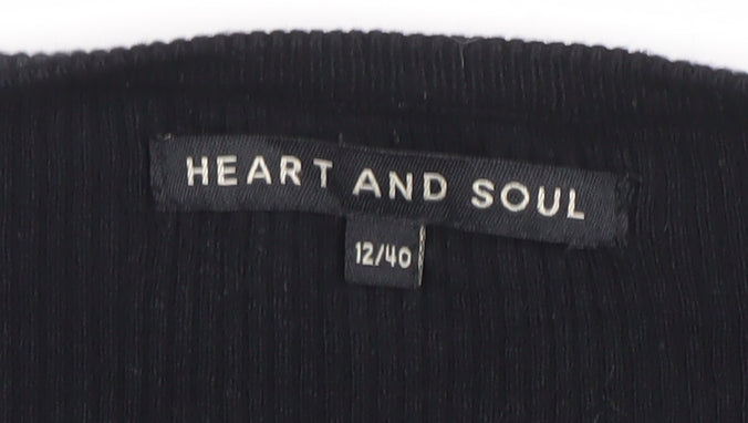 Heart and Soul Women’s Black V-Neck Lace-Up Ribbed Jumper Size 12