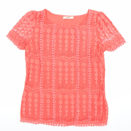 Oasis Women’s Pink Lace Short Sleeve Round Neck Top Size S