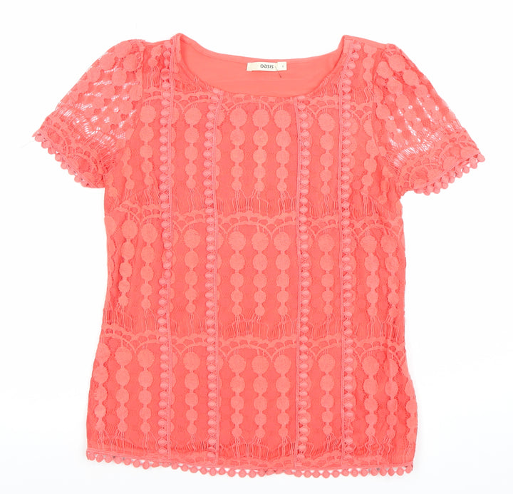 Oasis Women’s Pink Lace Short Sleeve Round Neck Top Size S