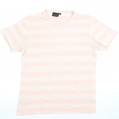 Percival Men's Pink and White Striped Crew Neck Cotton T-Shirt Size M