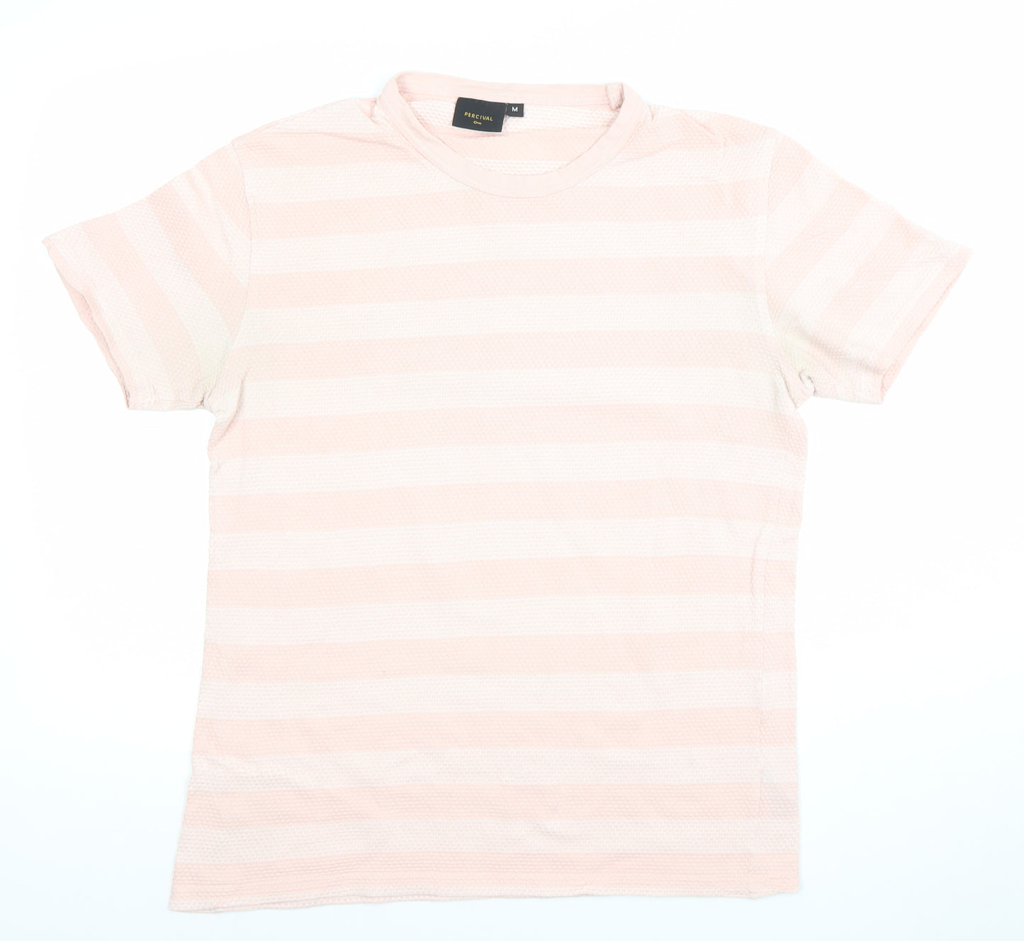 Percival Men's Pink and White Striped Crew Neck Cotton T-Shirt Size M