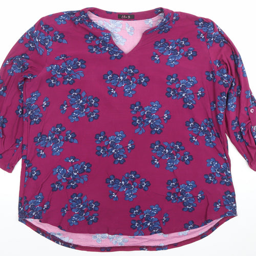 Elle B Women's Pink Floral Tunic Blouse Size L 3/4 Sleeve V-Neck