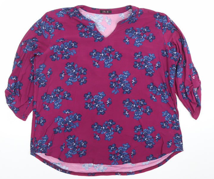 Elle B Women's Pink Floral Tunic Blouse Size L 3/4 Sleeve V-Neck