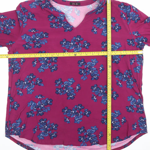 Elle B Women's Pink Floral Tunic Blouse Size L 3/4 Sleeve V-Neck