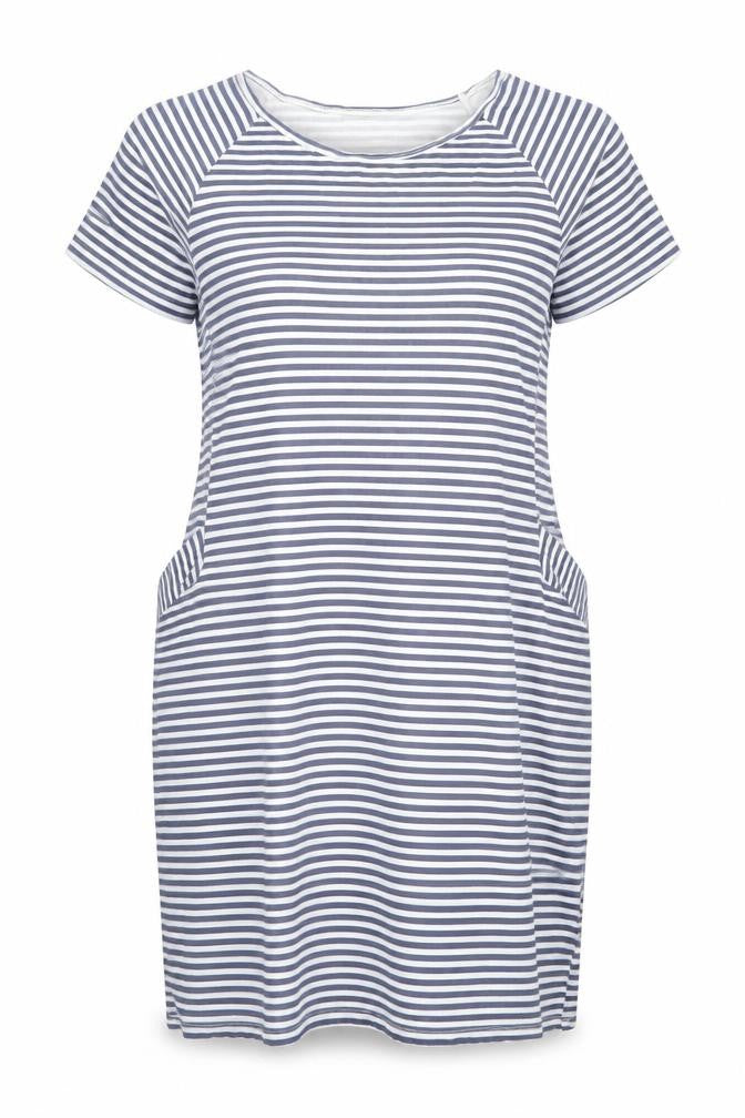 Front view of Luca Vanucci Women’s Blue Striped Cotton Shift Dress M
