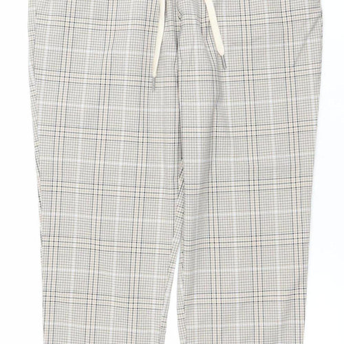 H&M Women Beige Check Drawstring Trousers Size 12 Regular Fit