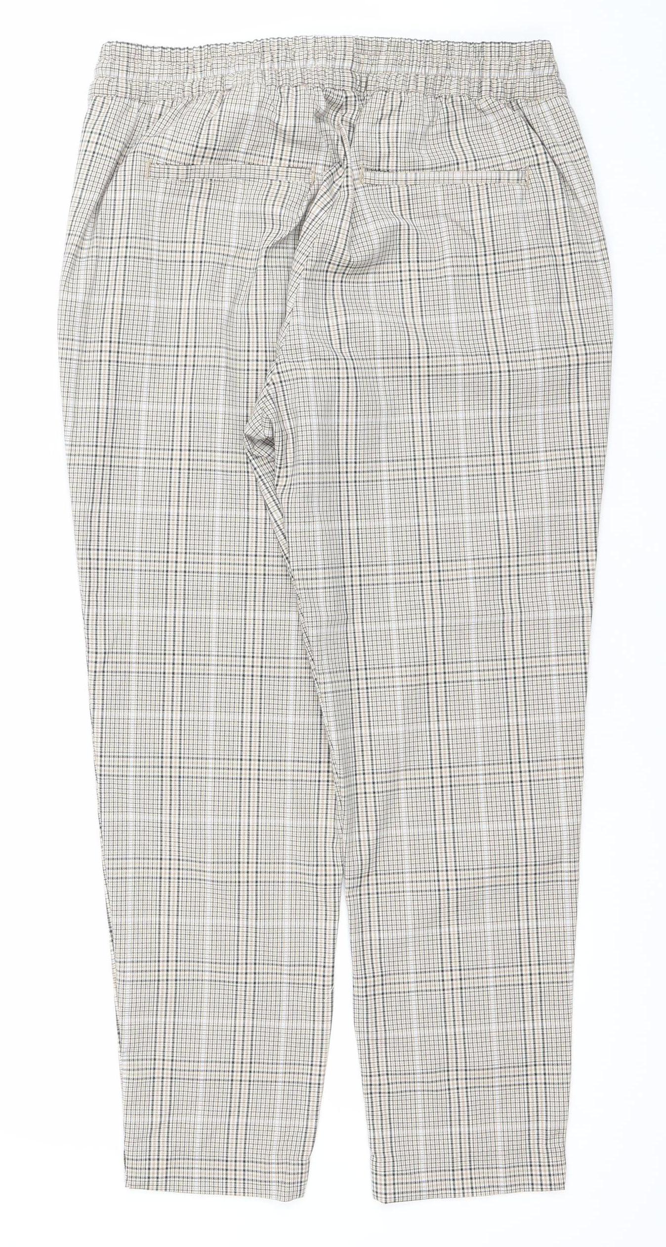 H&M Women Beige Check Drawstring Trousers Size 12 Regular Fit