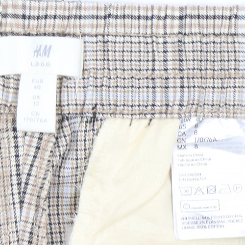 H&M Women Beige Check Drawstring Trousers Size 12 Regular Fit