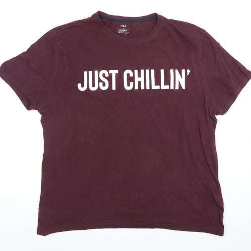 Marks and Spencer Men's Burgundy Graphic 'Just Chillin’' Cotton T-Shirt Size L