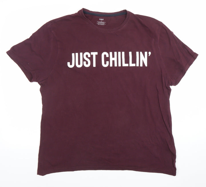 Marks and Spencer Men's Burgundy Graphic 'Just Chillin’' Cotton T-Shirt Size L