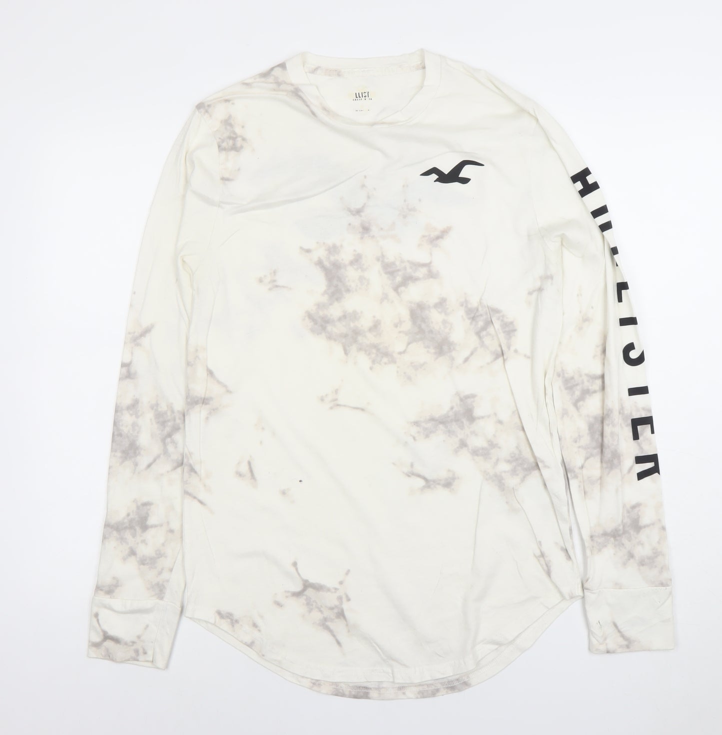Hollister Men Beige Tie Dye Long Sleeve Crew Neck Cotton T-Shirt M