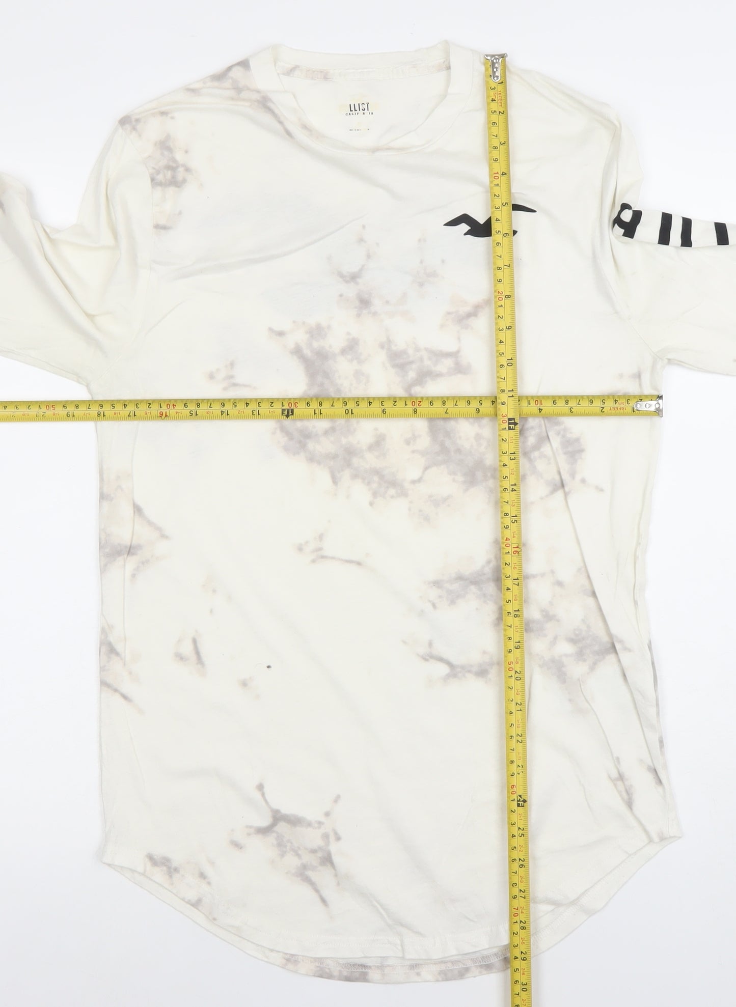 Hollister Men Beige Tie Dye Long Sleeve Crew Neck Cotton T-Shirt M