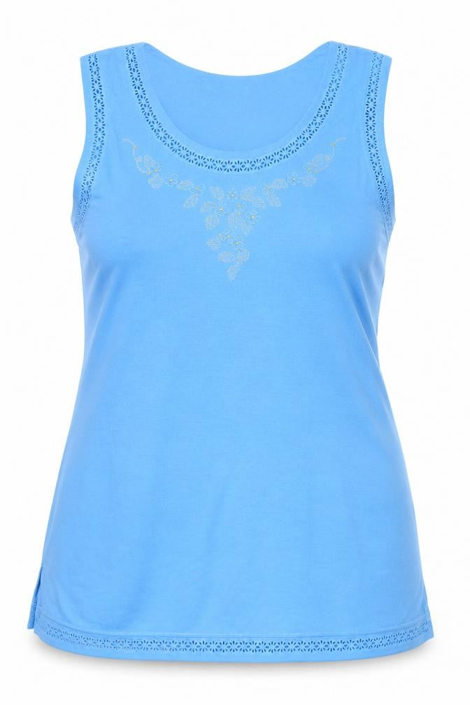 Donna Womens Blue 2XL Sleeveless Embroidered Cotton Blend Tank Top