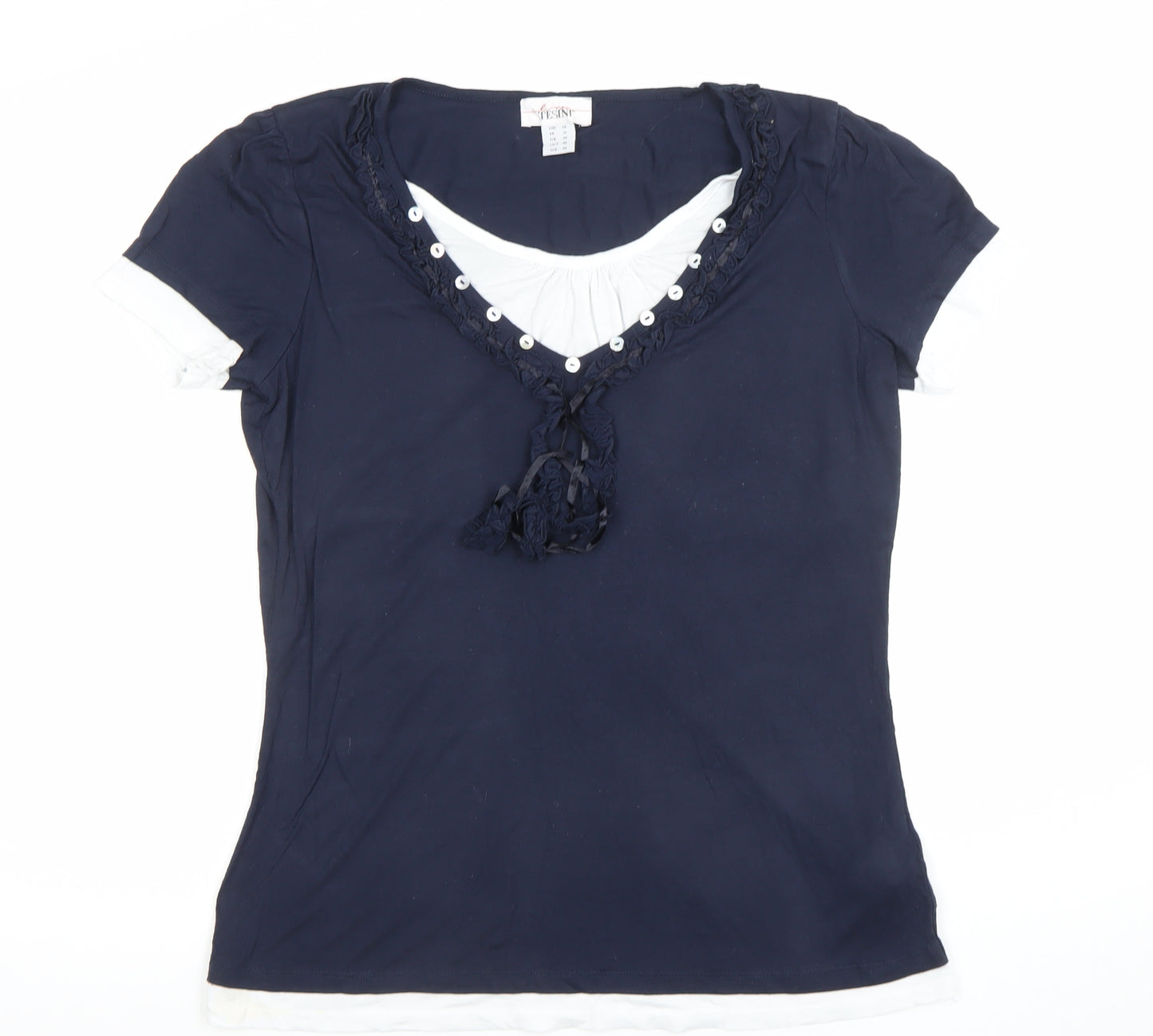 Linea Tesini Women Navy Blue Short Sleeve Polyester Blend Blouse Size 12