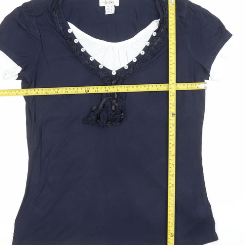 Linea Tesini Women Navy Blue Short Sleeve Polyester Blend Blouse Size 12