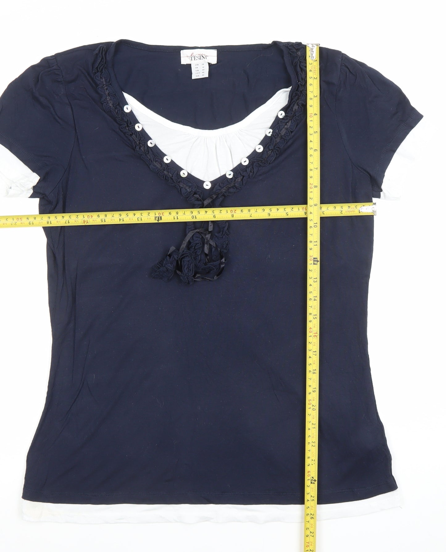 Linea Tesini Women Navy Blue Short Sleeve Polyester Blend Blouse Size 12