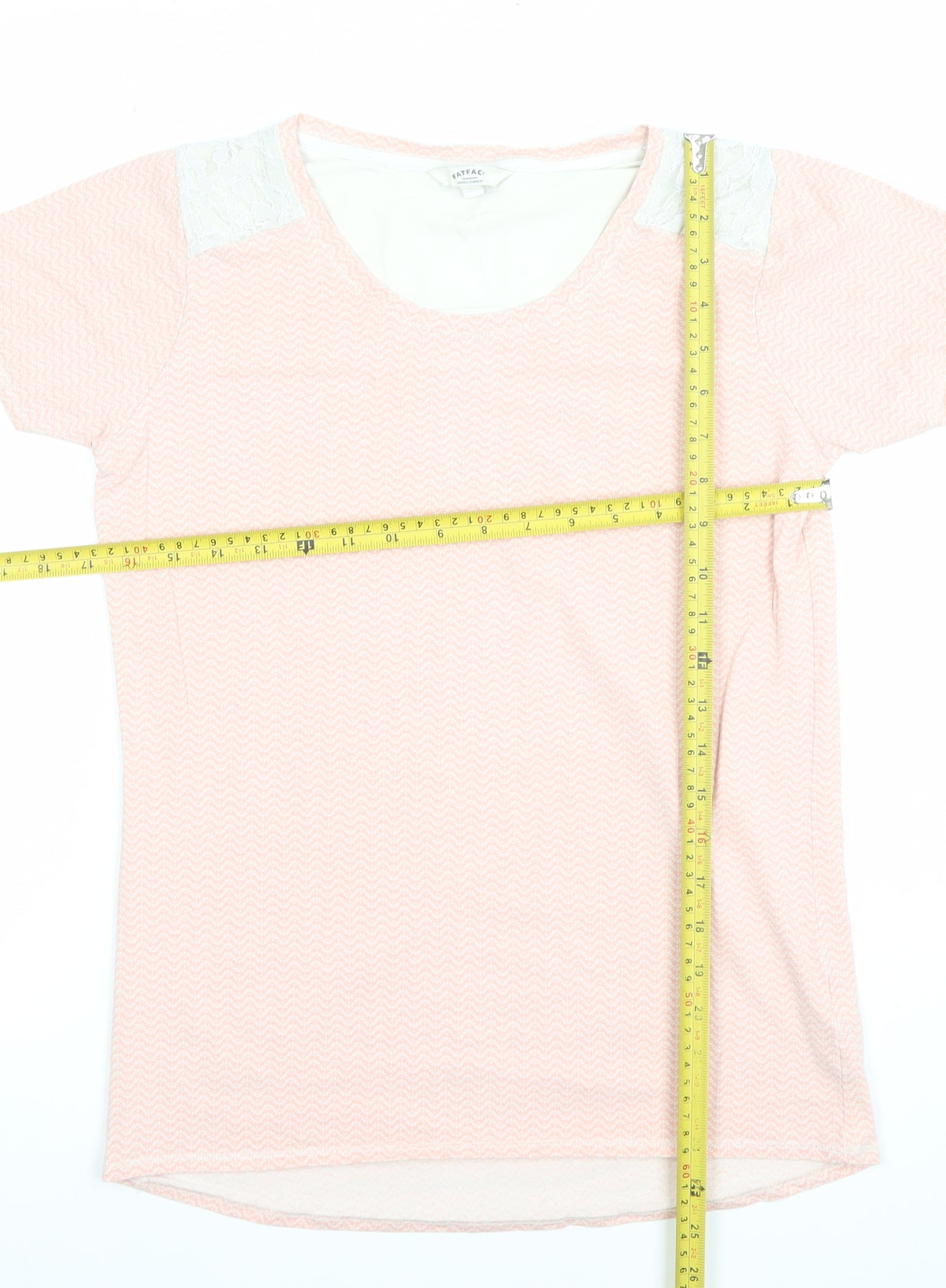 FatFace Women Pink Lace Panel Short Sleeve Cotton T-Shirt Size 10