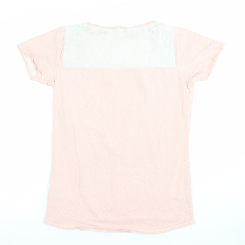 FatFace Women Pink Lace Panel Short Sleeve Cotton T-Shirt Size 10