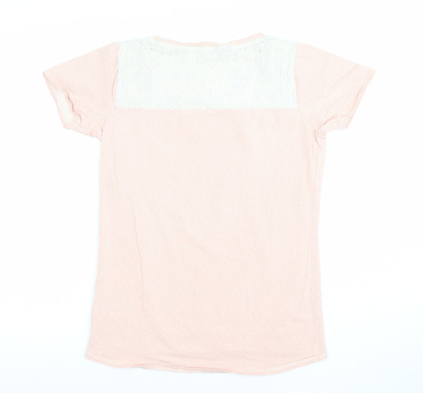FatFace Women Pink Lace Panel Short Sleeve Cotton T-Shirt Size 10