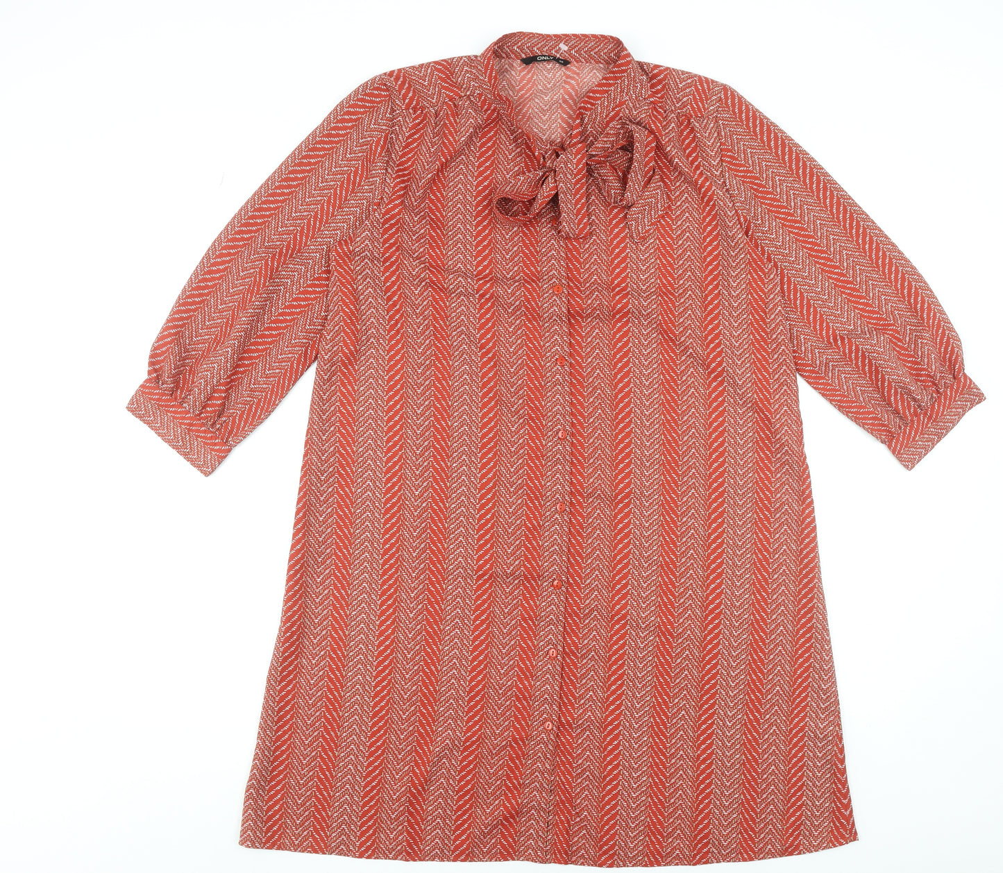 ONLY Women Red Chevron Shift Dress Size 10 Bow Neck 3/4 Sleeve