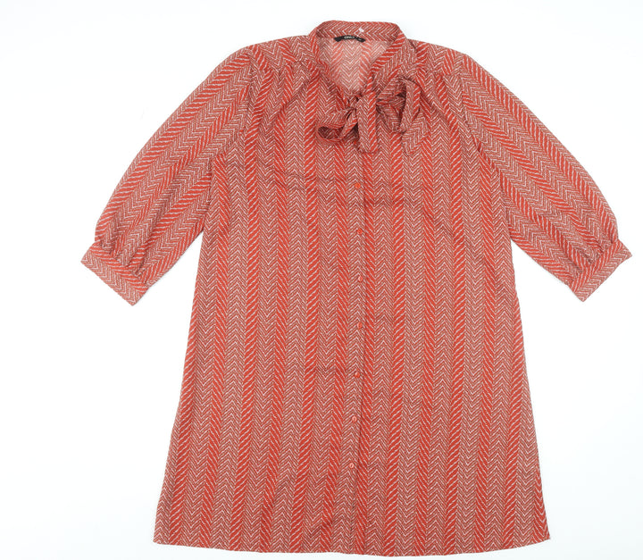 ONLY Women Red Chevron Shift Dress Size 10 Bow Neck 3/4 Sleeve